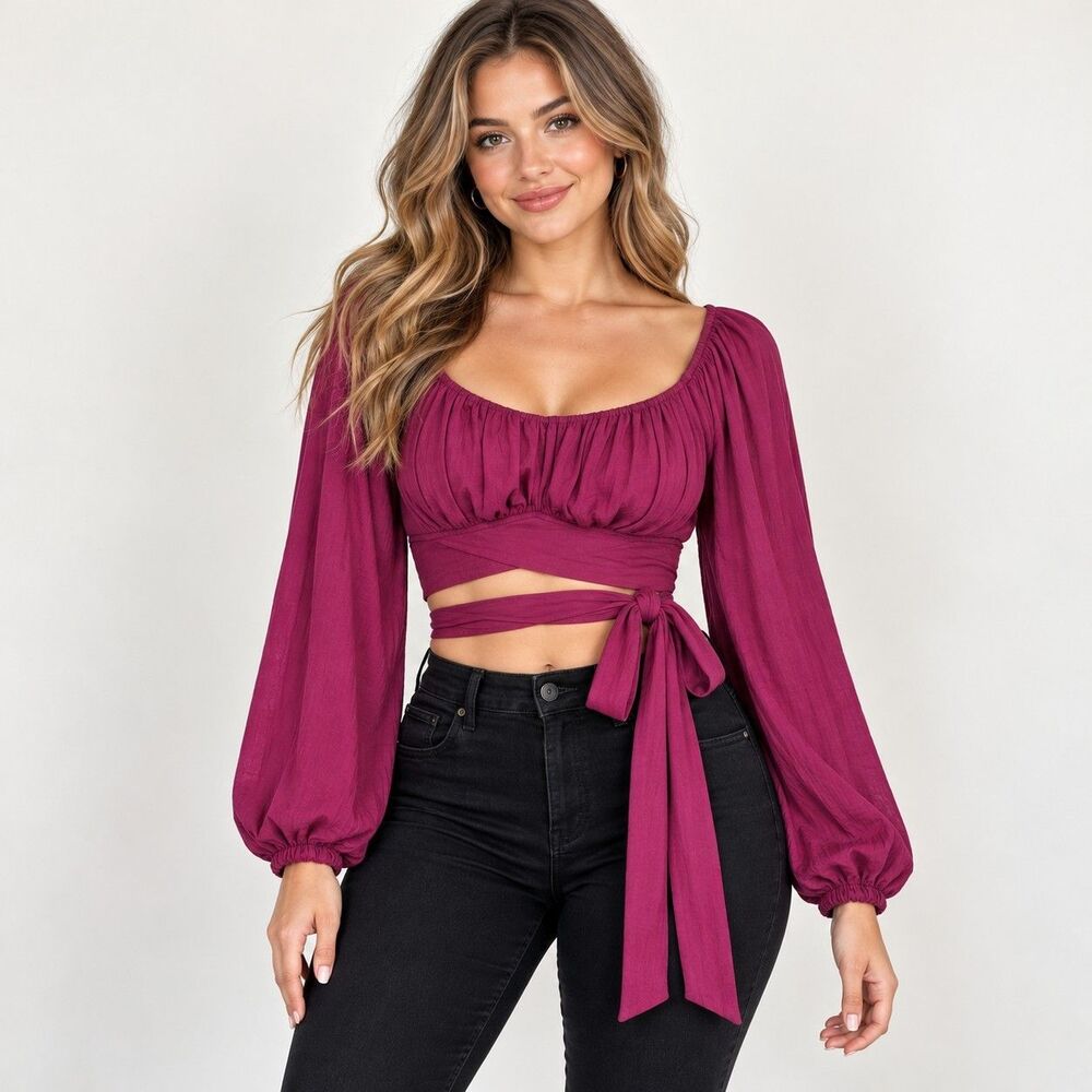 Windsor Womens Large Magenta Crop Top Long Balloon Sleeve Wrap Tie Boho Blouse